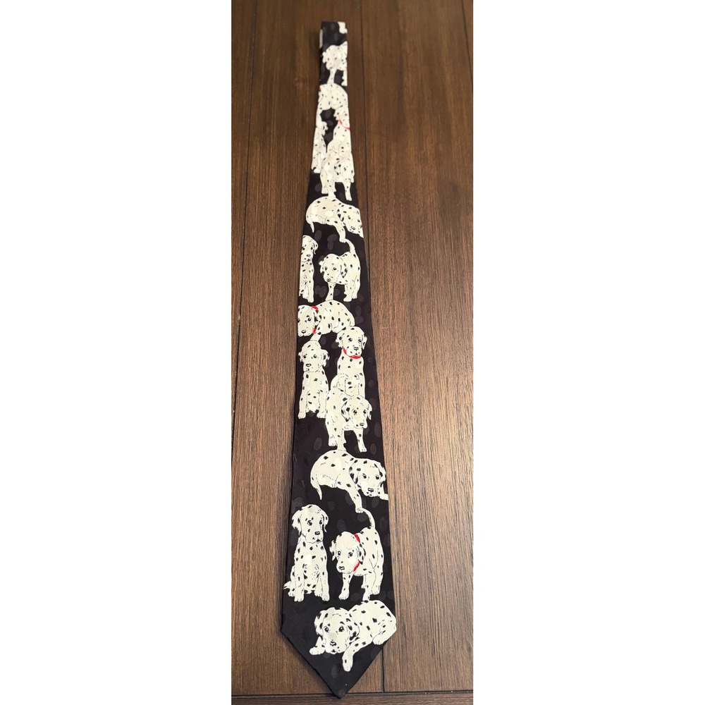 Addiction Mens Silk Tie Black Dalmatian Puppy Dog Print Handmade Necktie